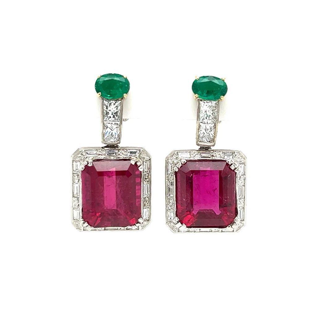 Mixed Cut Vintage Rubellite Tourmaline Diamond and Emerald Platinum Drop Earrings For Sale