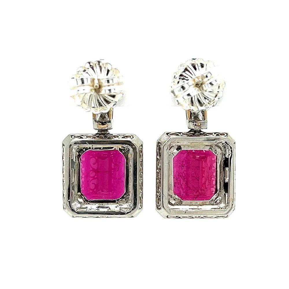 Vintage Rubellite Tourmaline Diamond and Emerald Platinum Drop Earrings In Excellent Condition For Sale In Montreal, QC