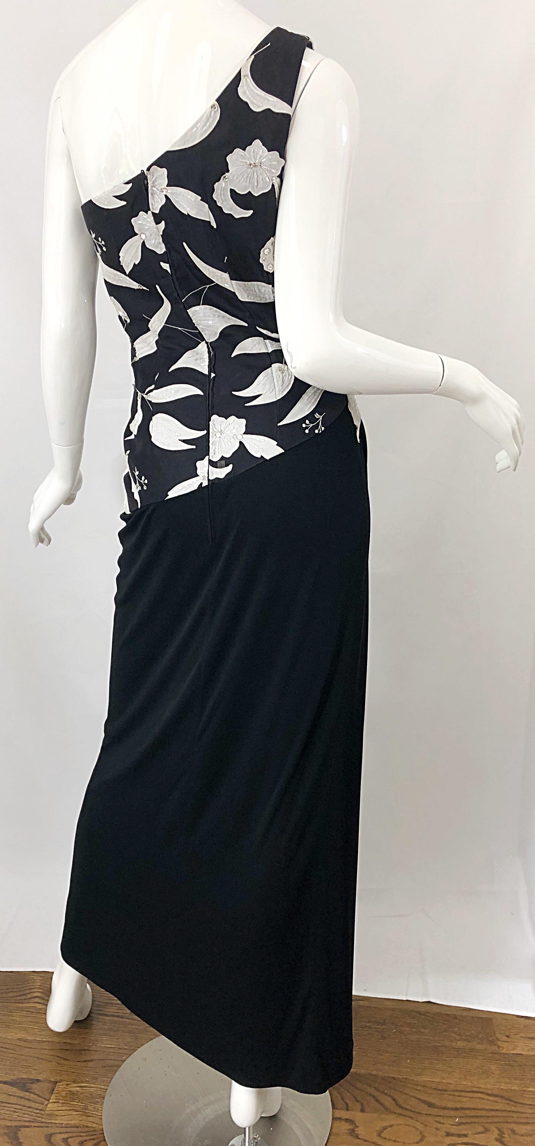 Vintage Ruben Panis Black and White Beaded Sequin One Shoulder 80s Evening Gown 3