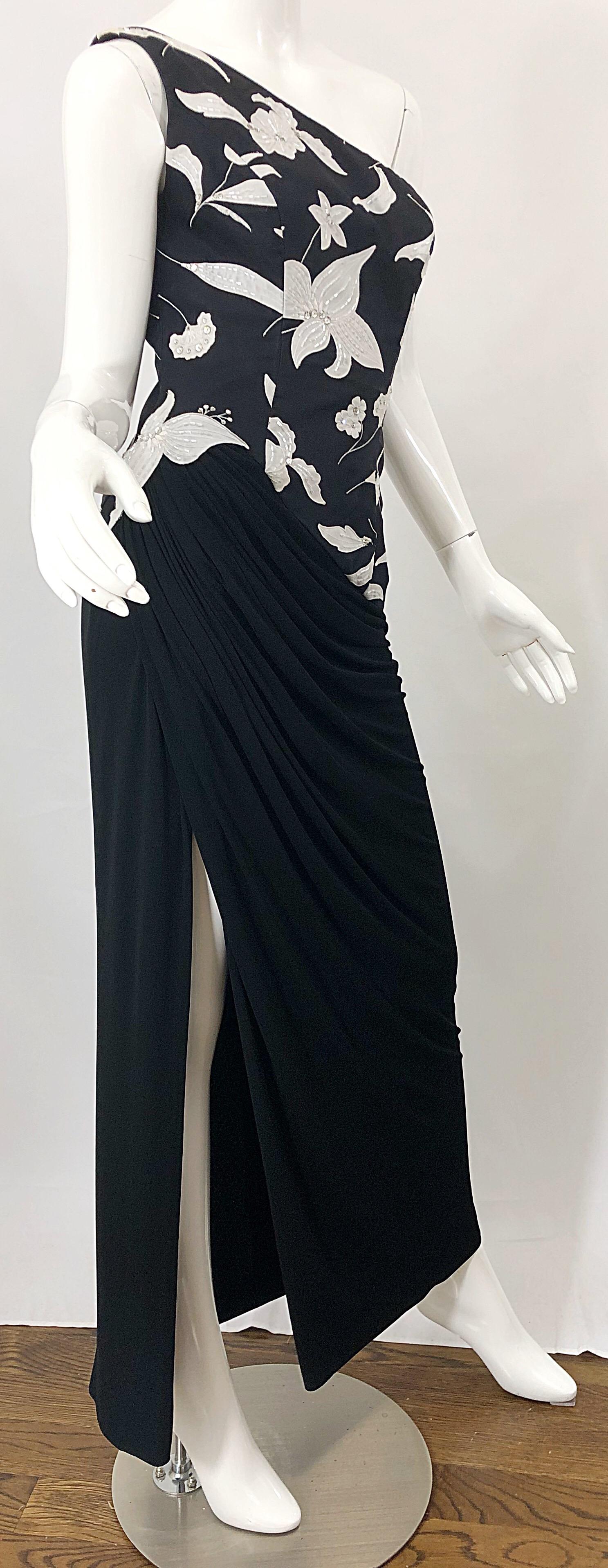 Vintage Ruben Panis Black and White Beaded Sequin One Shoulder 80s Evening Gown 4