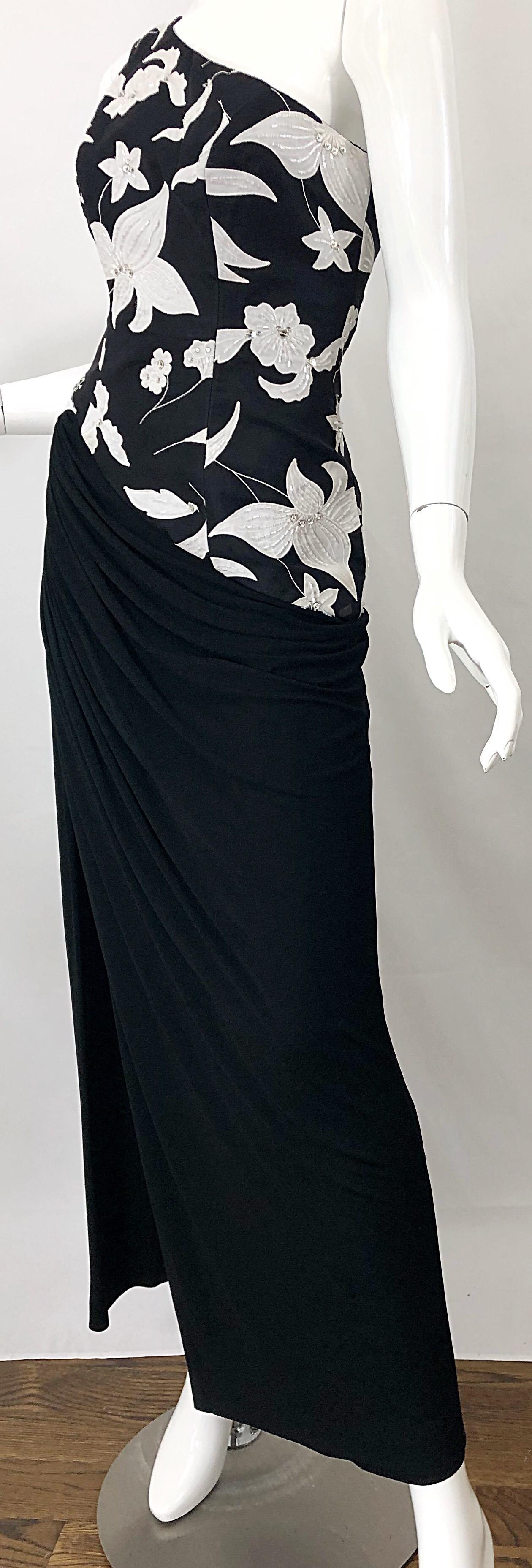 Vintage Ruben Panis Black and White Beaded Sequin One Shoulder 80s Evening Gown 5