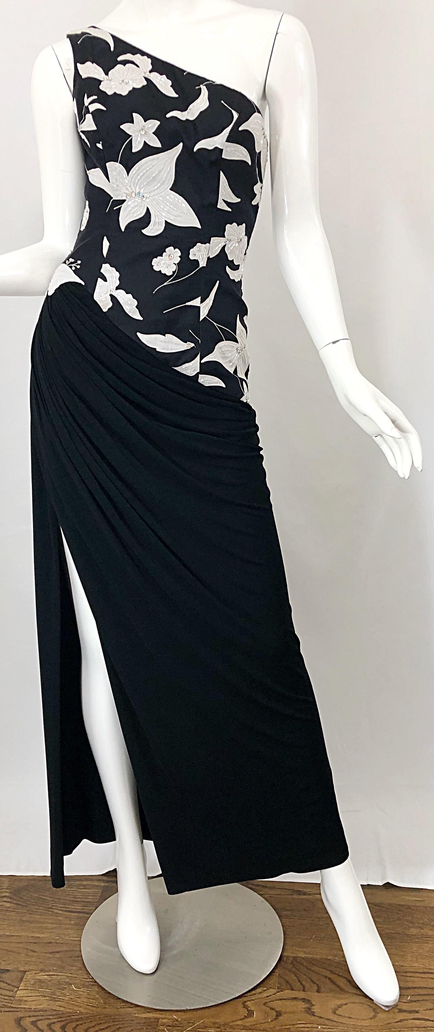 Vintage Ruben Panis Black and White Beaded Sequin One Shoulder 80s Evening Gown 2