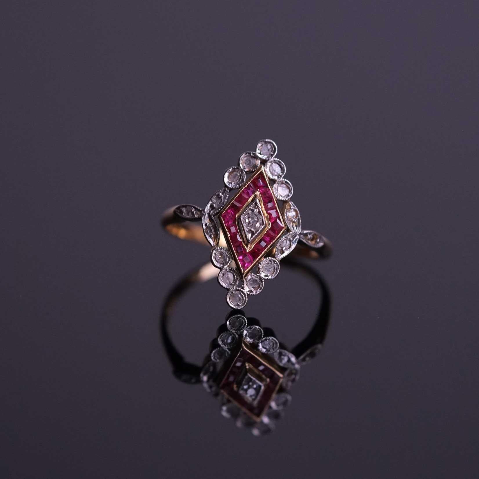 Round Cut Vintage Rubies & Diamond Ring For Sale
