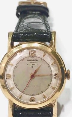 Vintage Rubina 14 Karat Gold Automatic Wristwatch with Black Crocodile Band