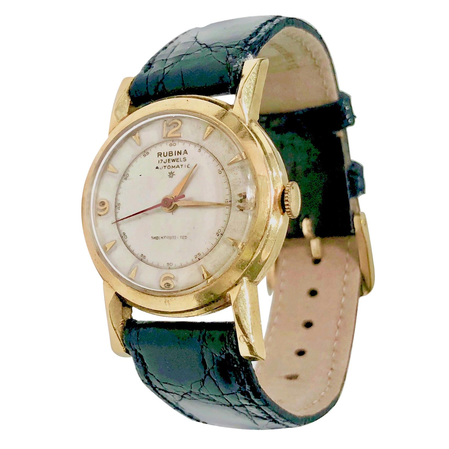 Vintage Rubina 14 Karat Gold Automatic Wristwatch with Black Crocodile Band For Sale