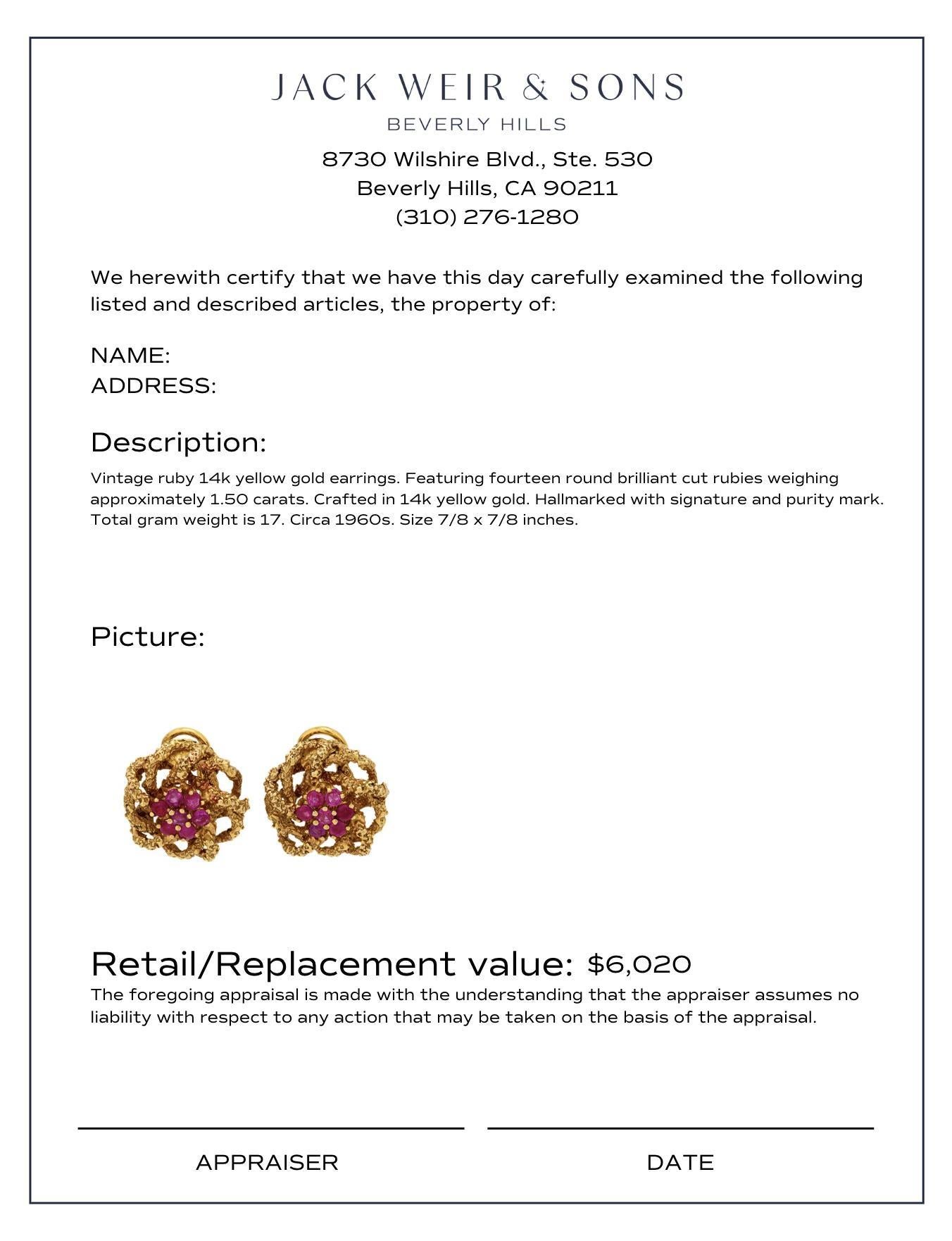 Women's Vintage ruby 14k yellow gold earrings For Sale