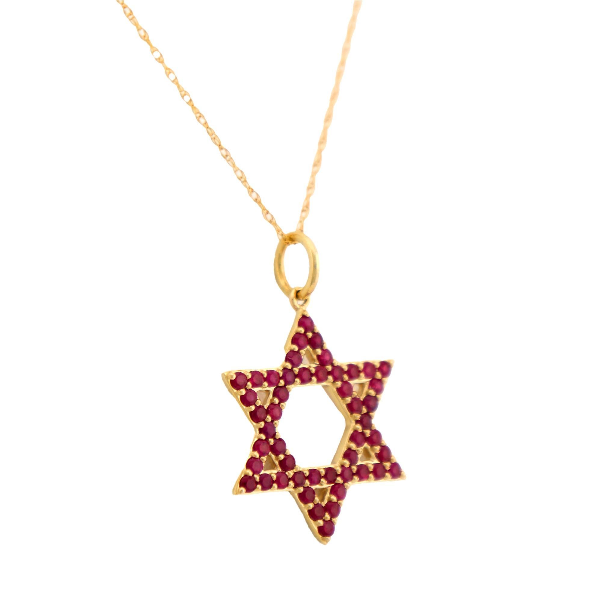 Modern Vintage ruby 14k yellow gold star of David necklace For Sale