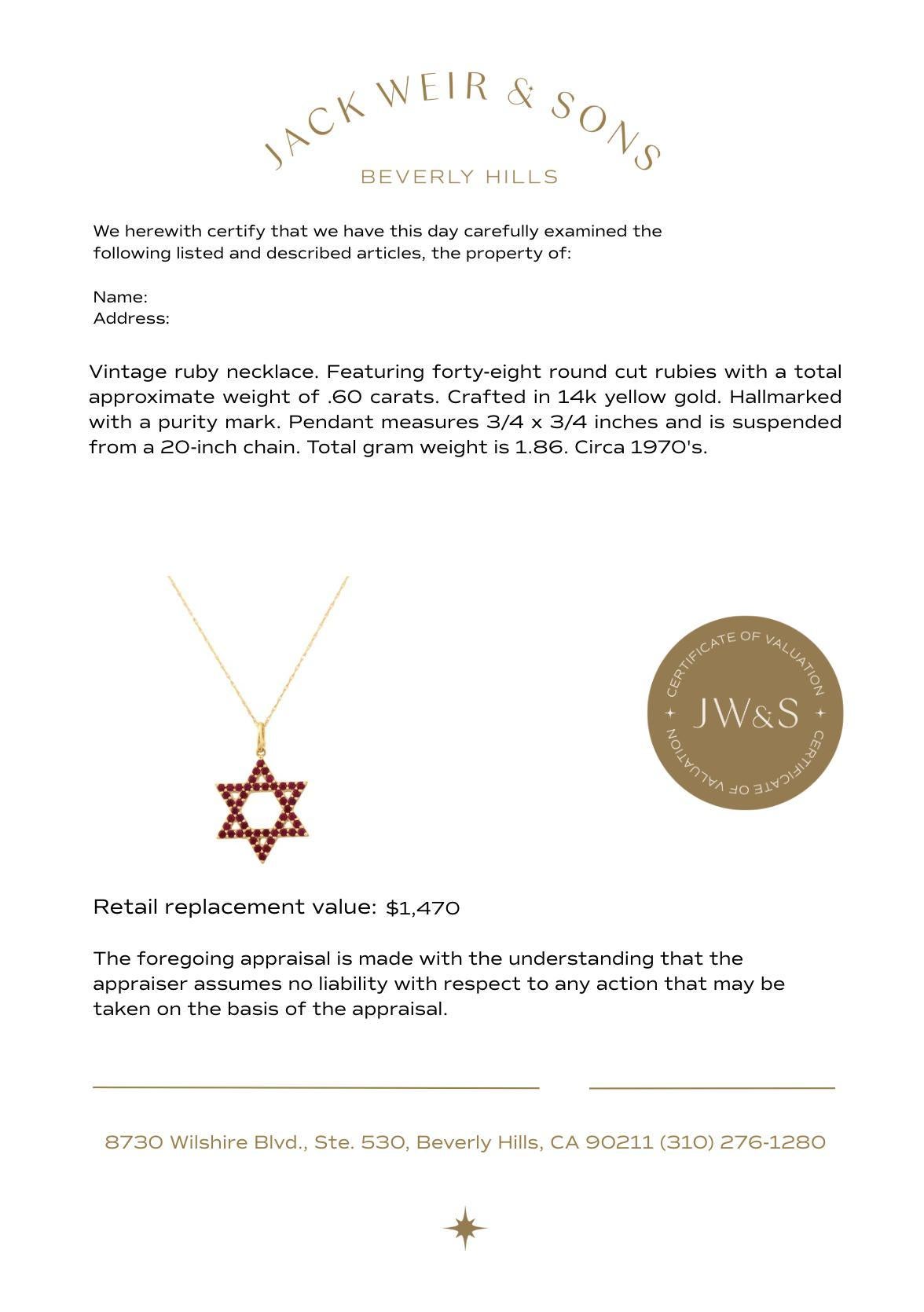 Vintage ruby 14k yellow gold star of David necklace In Good Condition For Sale In Beverly Hills, CA