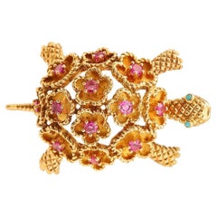 Vintage Ruby 18 Carats Yellow Gold Turtle Brooch