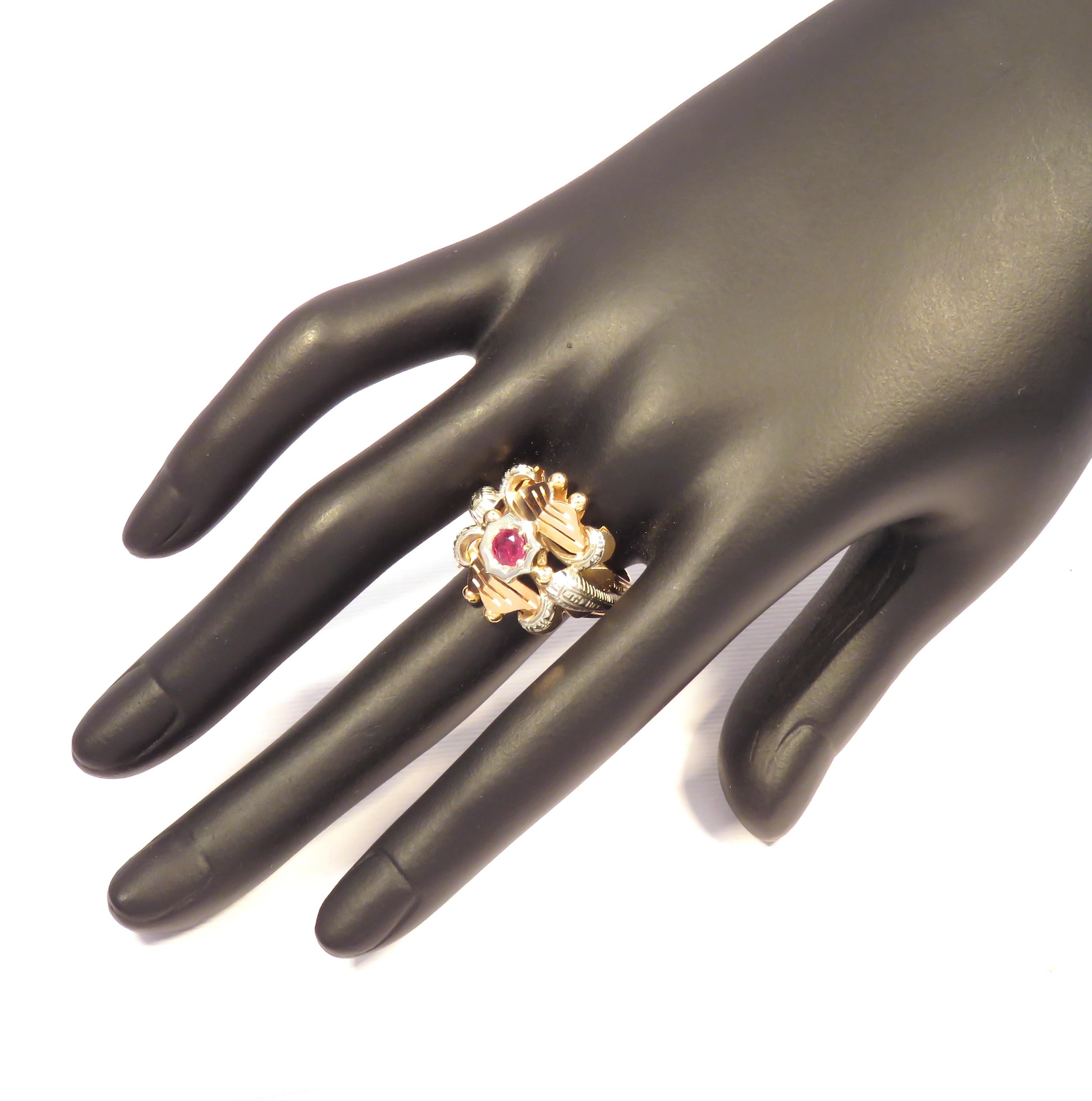 Retro Vintage Ruby 18 Karat Rose & White Gold Engraved Ring Handcrafted in Italy For Sale