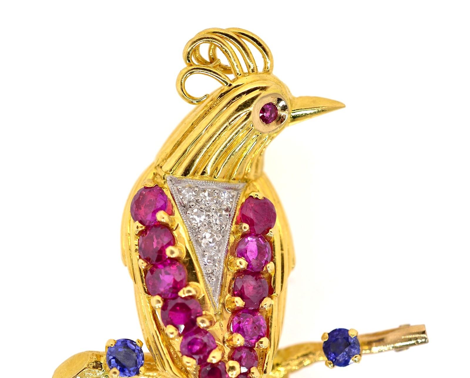 This bright and alluring bird of paradise brooch is vintage 1970s. Crafted of 18K yellow gold, it's feathers feature approx. 2.50 carat of radiant Burma Rubies along with diamond accents. Two blue Ceylon Sapphires accent the branch on which this