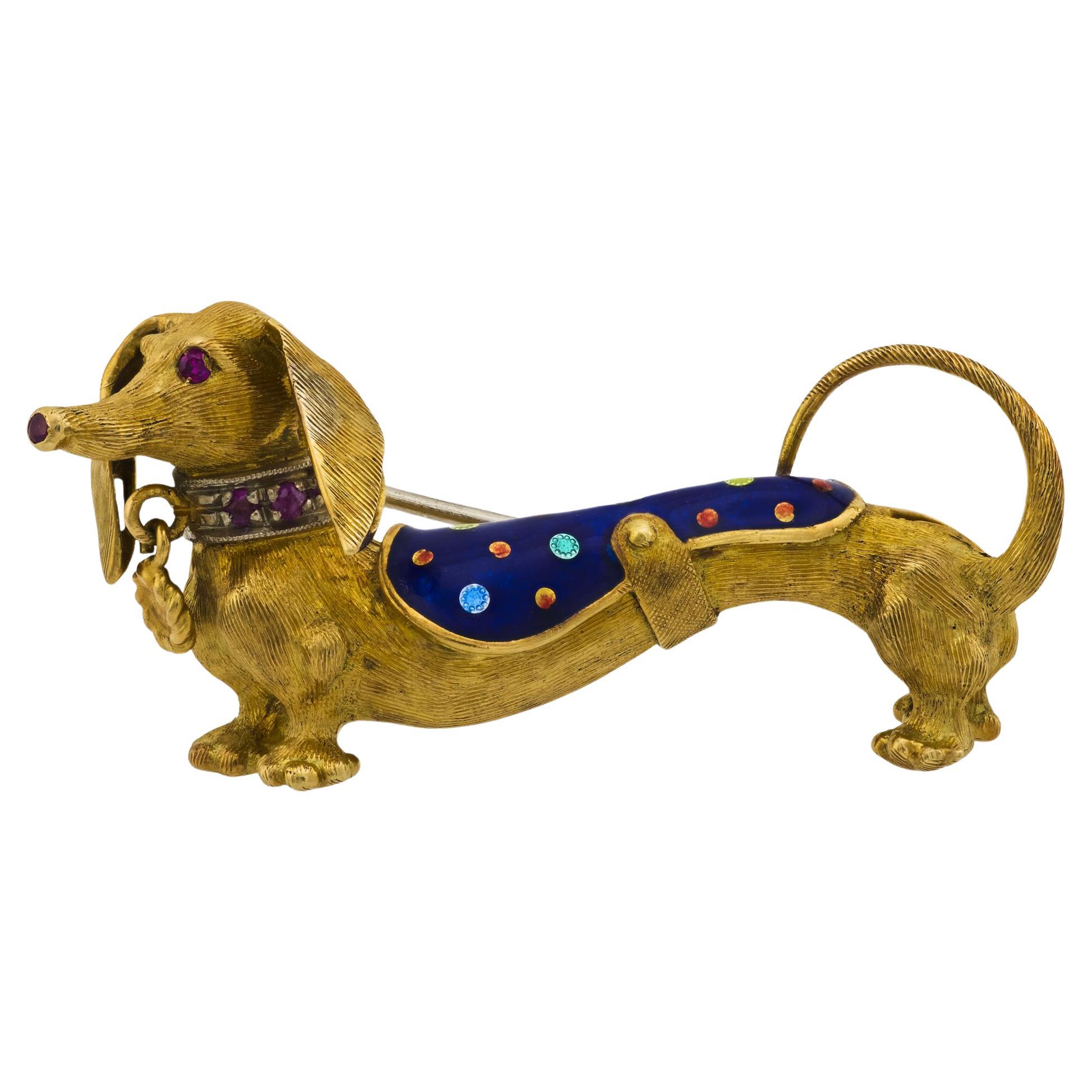 Vintage ruby 18k yellow gold and enamel dachshund brooch