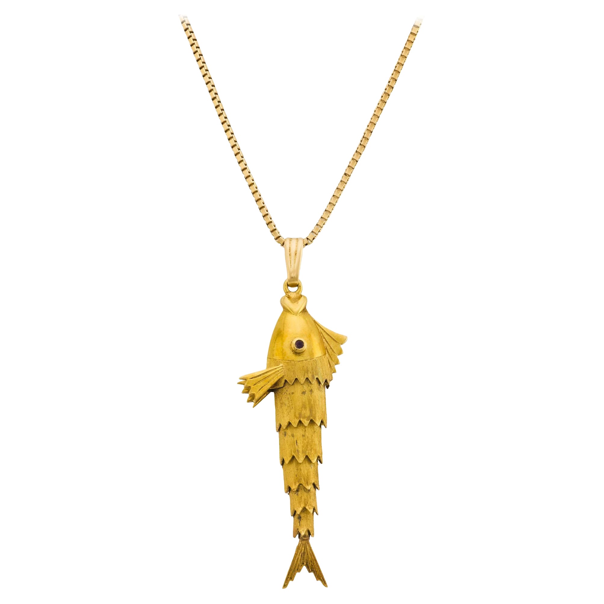 Vintage rubis Collier poisson articulé en or jaune 18k en vente