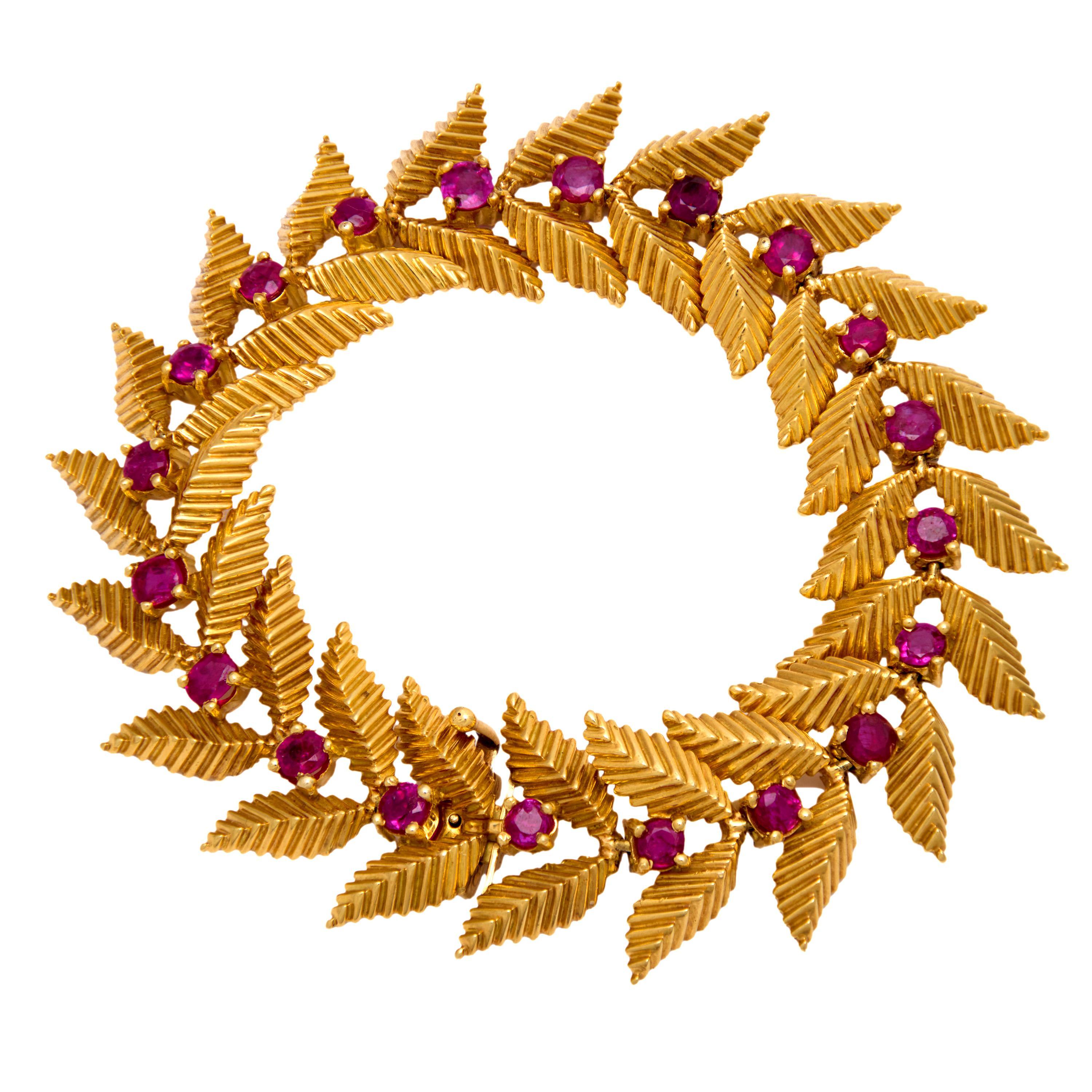 Vintage ruby 18k yellow gold leaf motif bracelet