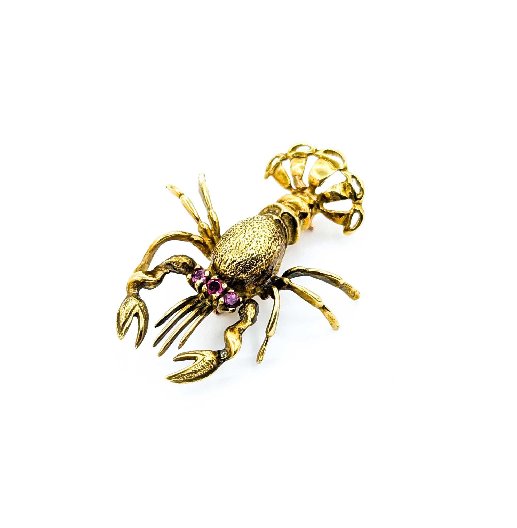 Langosta vintage de 3 ojos de rubí en oro amarillo de 18 quilates en Excelente estado para la venta en Bloomington, MN