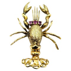 Vintage Ruby 3 Eyed Lobster in 18k Yellow Gold