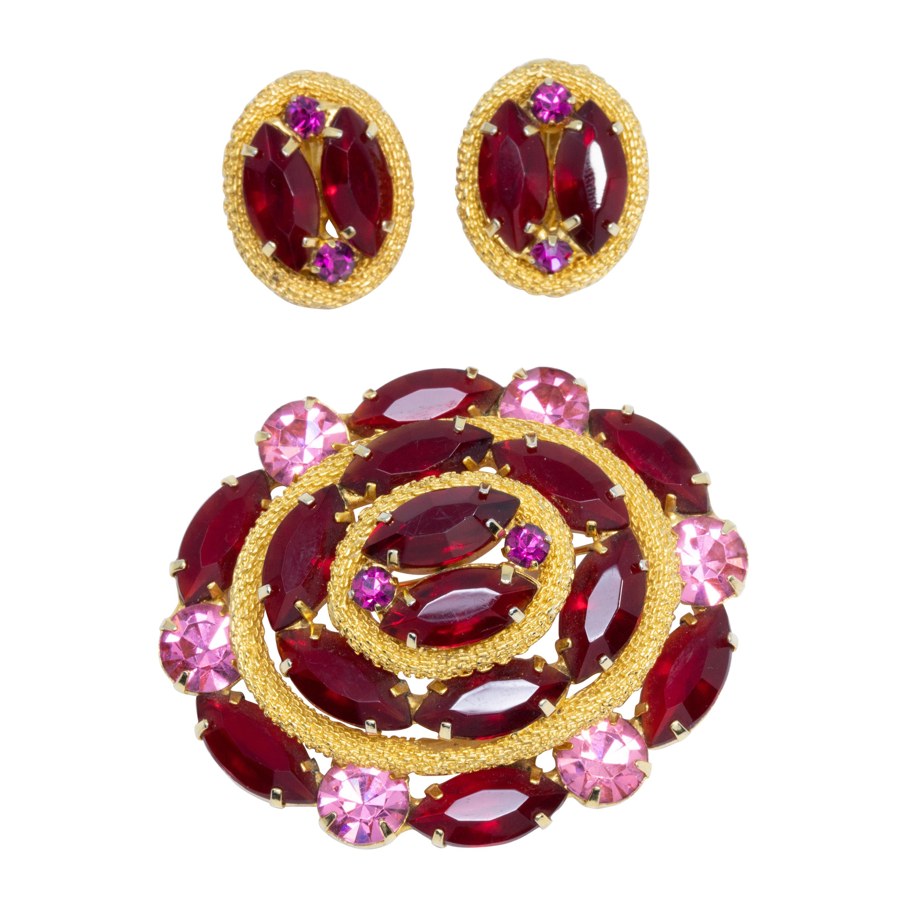 Vintage Ruby & Amethyst Crystal Victorian Style Brooch and Clip on Earrings For Sale