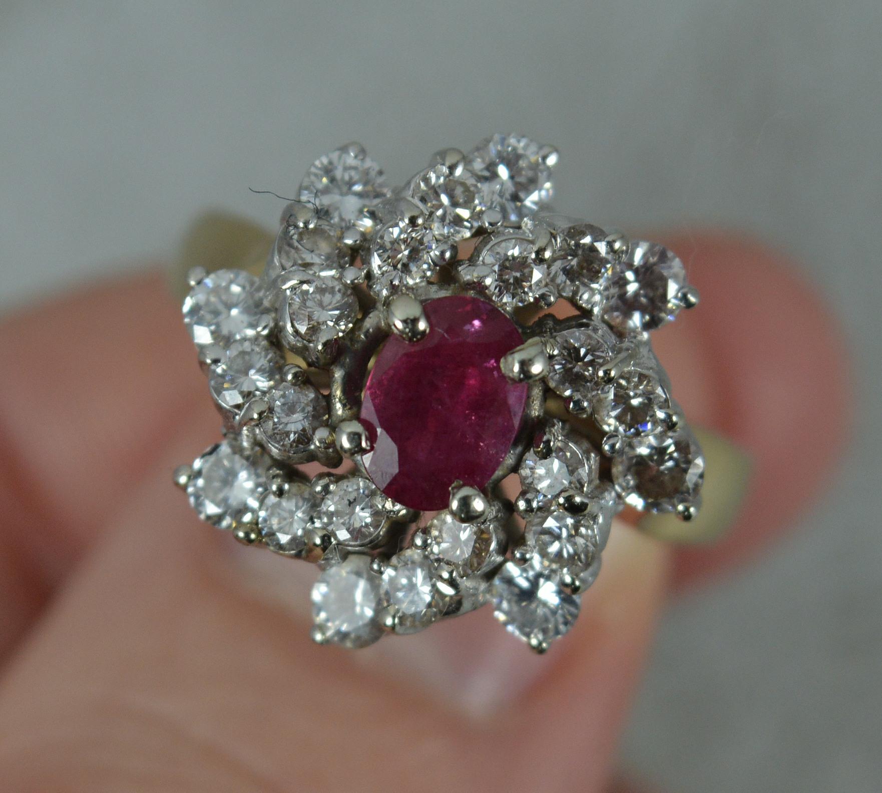 Vintage Ruby and 1.15ct Diamond 14ct Gold Cluster Cocktail Ring In Excellent Condition For Sale In St Helens, GB