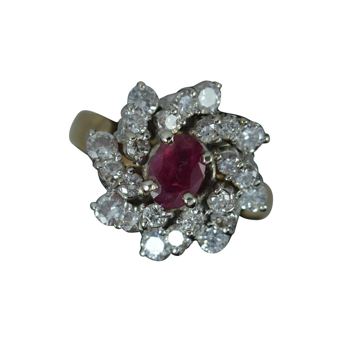 Vintage Ruby and 1.15ct Diamond 14ct Gold Cluster Cocktail Ring For Sale