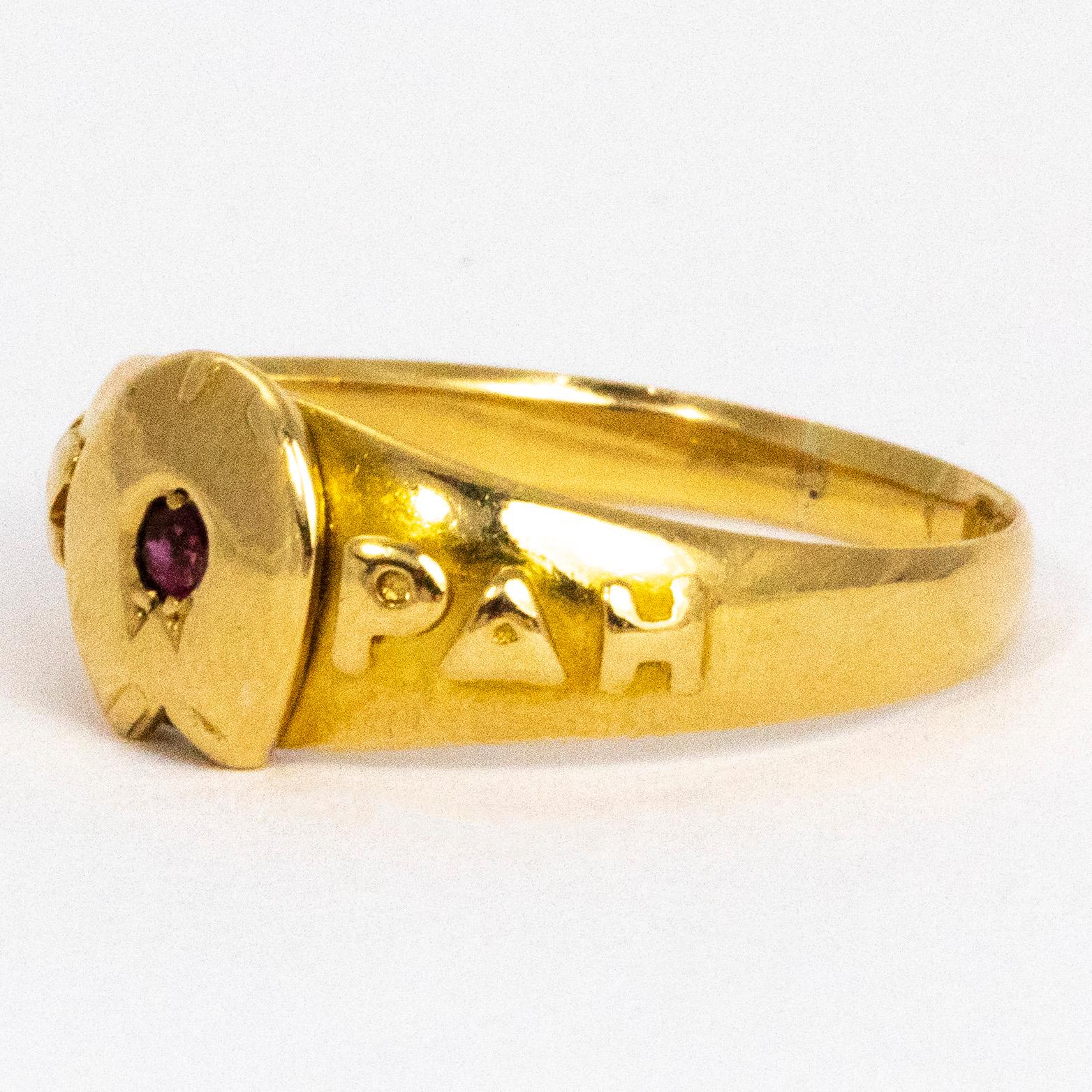 Modern Vintage Ruby and 18 Gold Mizpah Ring