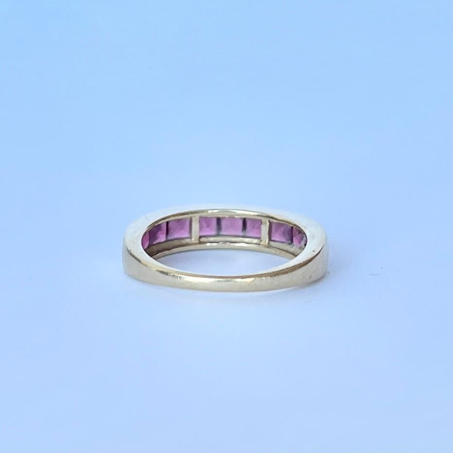 Square Cut Vintage Ruby and 9 Carat Gold Half Eternity Ring For Sale