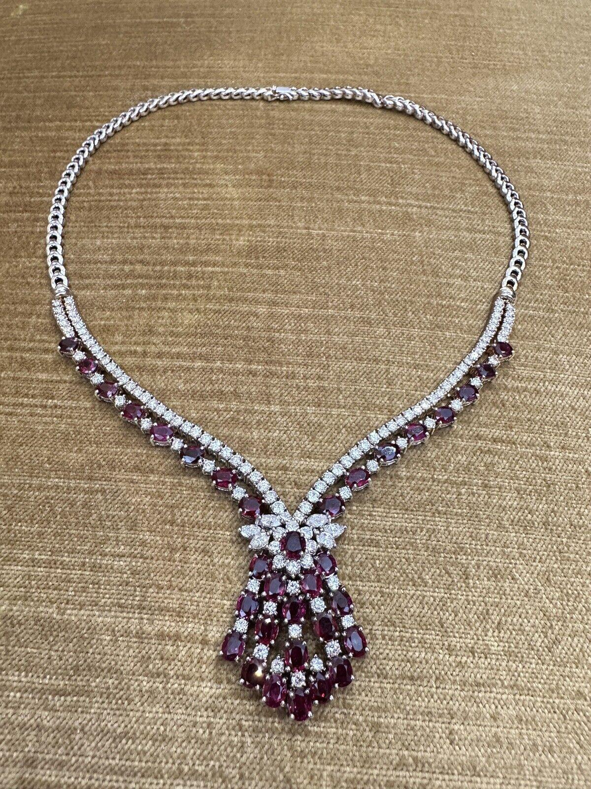 Vintage Ruby and Diamond 10.00 cttw Necklace in 18k White Gold For Sale