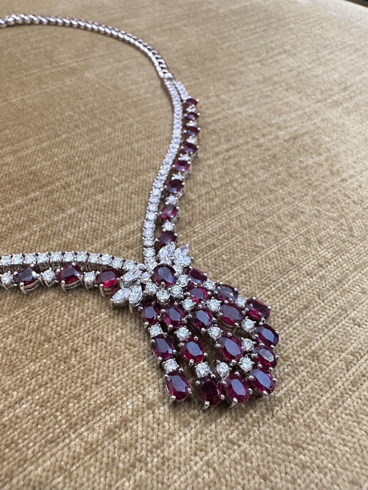 Oval Cut Vintage Ruby and Diamond 10.00 cttw Necklace in 18k White Gold For Sale