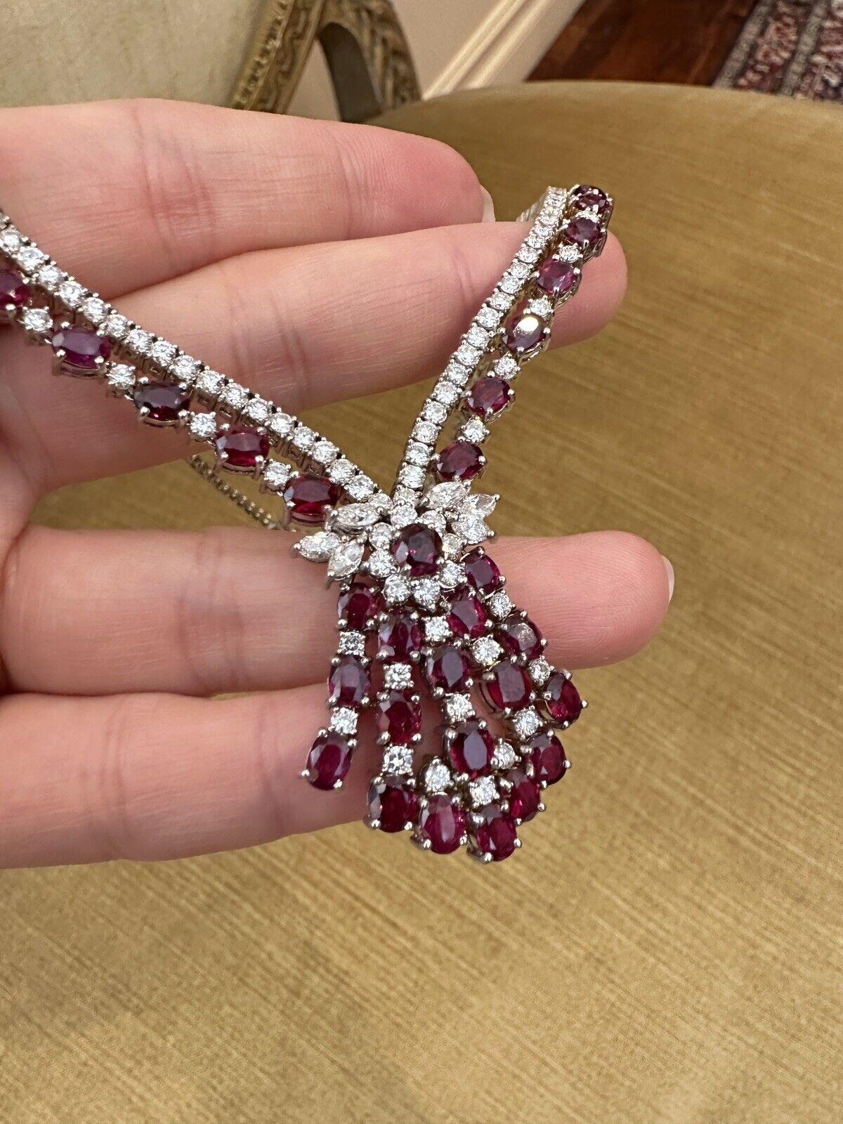 Women's Vintage Ruby and Diamond 10.00 cttw Necklace in 18k White Gold For Sale