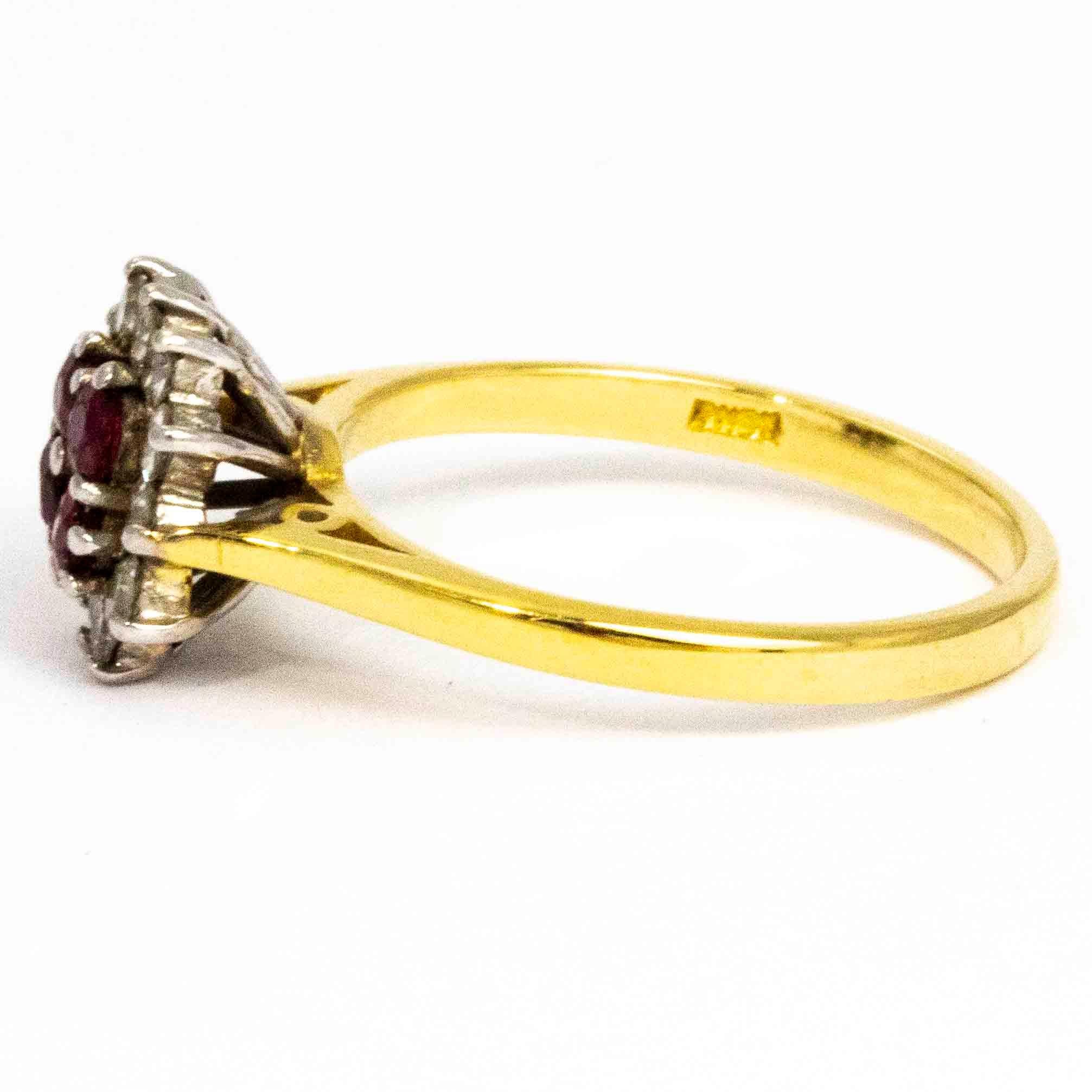 This ruby and diamond cluster ring has a stunning sparkle to it. The centre of the cluster features four 7pt rubies and around the gorgeous deep red stones sit twelve bright glistening 3pt diamonds. This ring with so much detail has a very simple