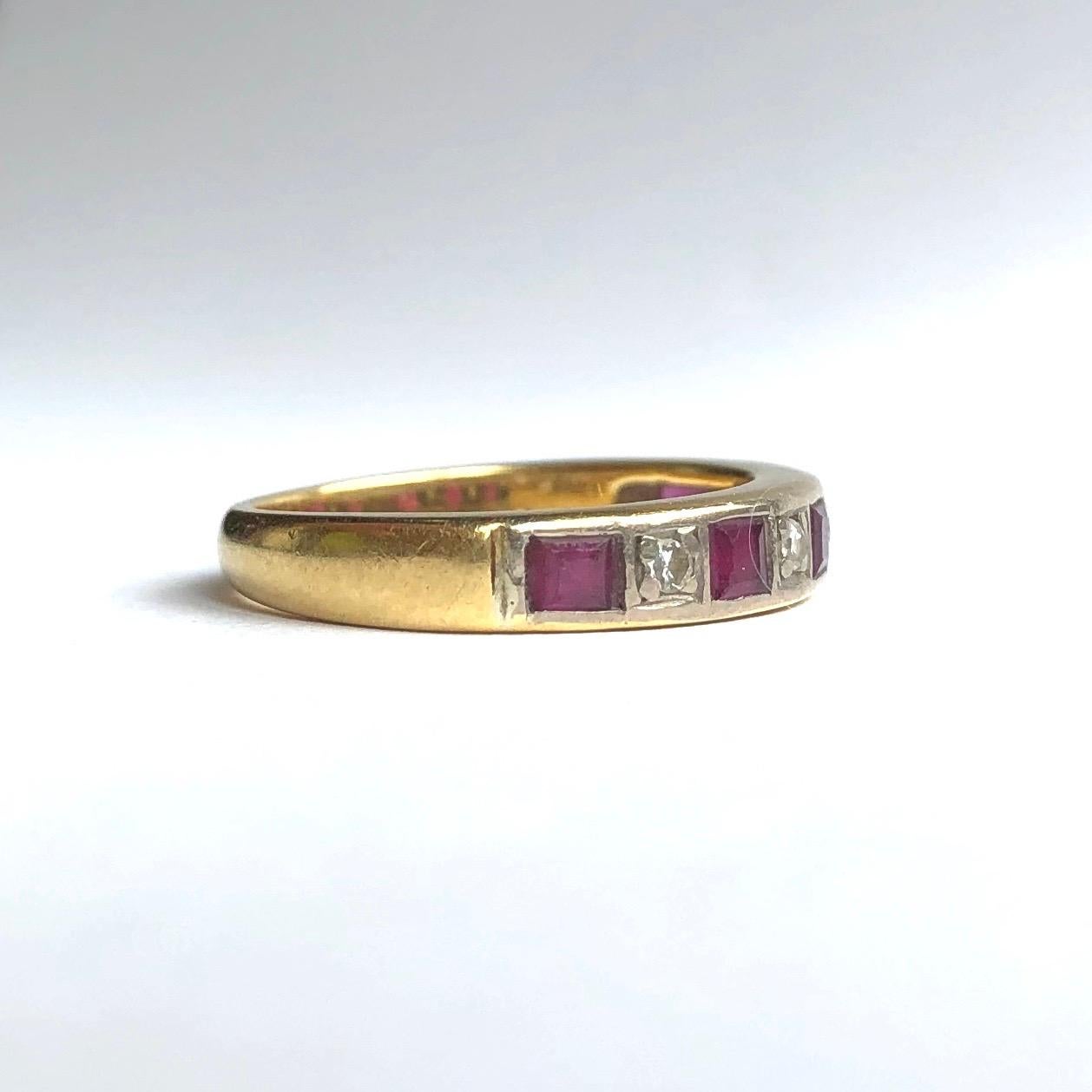 This half eternity band holds five rich red square rubies totalling 10pts  and in between these stones are diamonds measuring a total of approx 15pts. The band is modelled in 18ct gold and made in Birmingham, England. 

Ring Size: J or 4 3/4
Band
