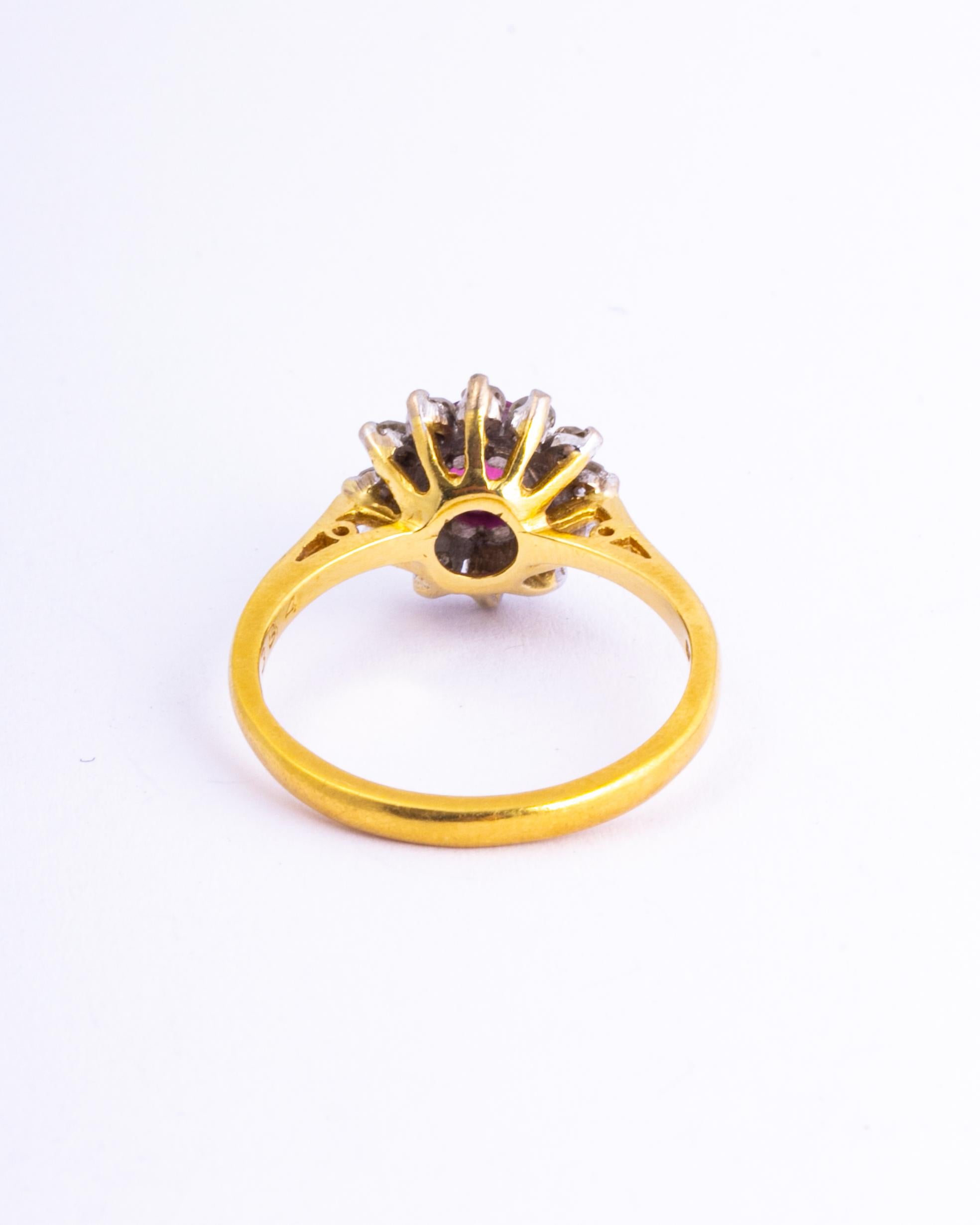 Edwardian Vintage Ruby and Diamond 18 Carat Gold Cluster Ring