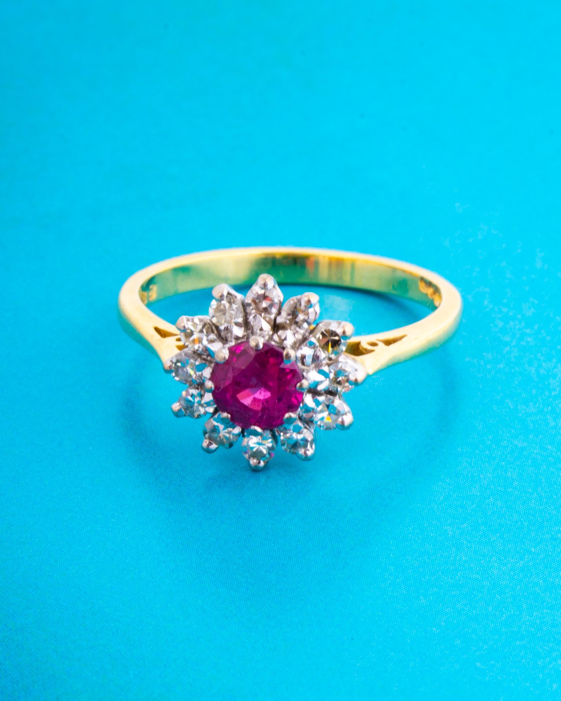 Brilliant Cut Vintage Ruby and Diamond 18 Carat Gold Cluster Ring
