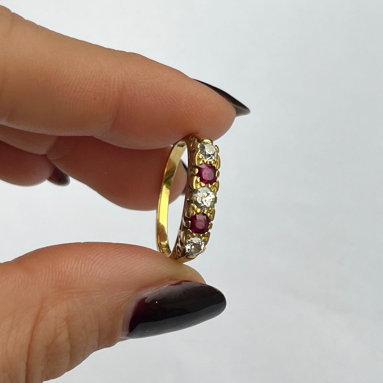 Round Cut Vintage Ruby and Diamond 18 Carat Gold Five-Stone Ring For Sale