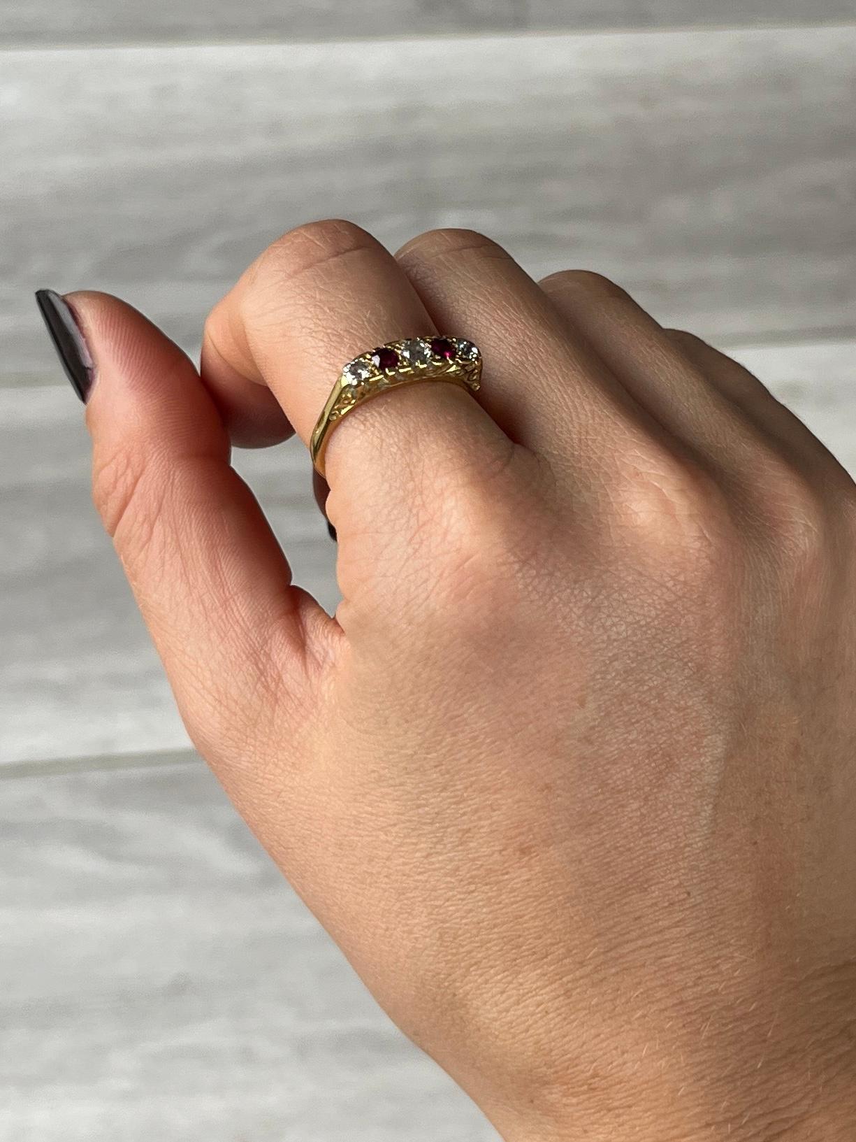 Women's Vintage Ruby and Diamond 18 Carat Gold Five-Stone Ring For Sale