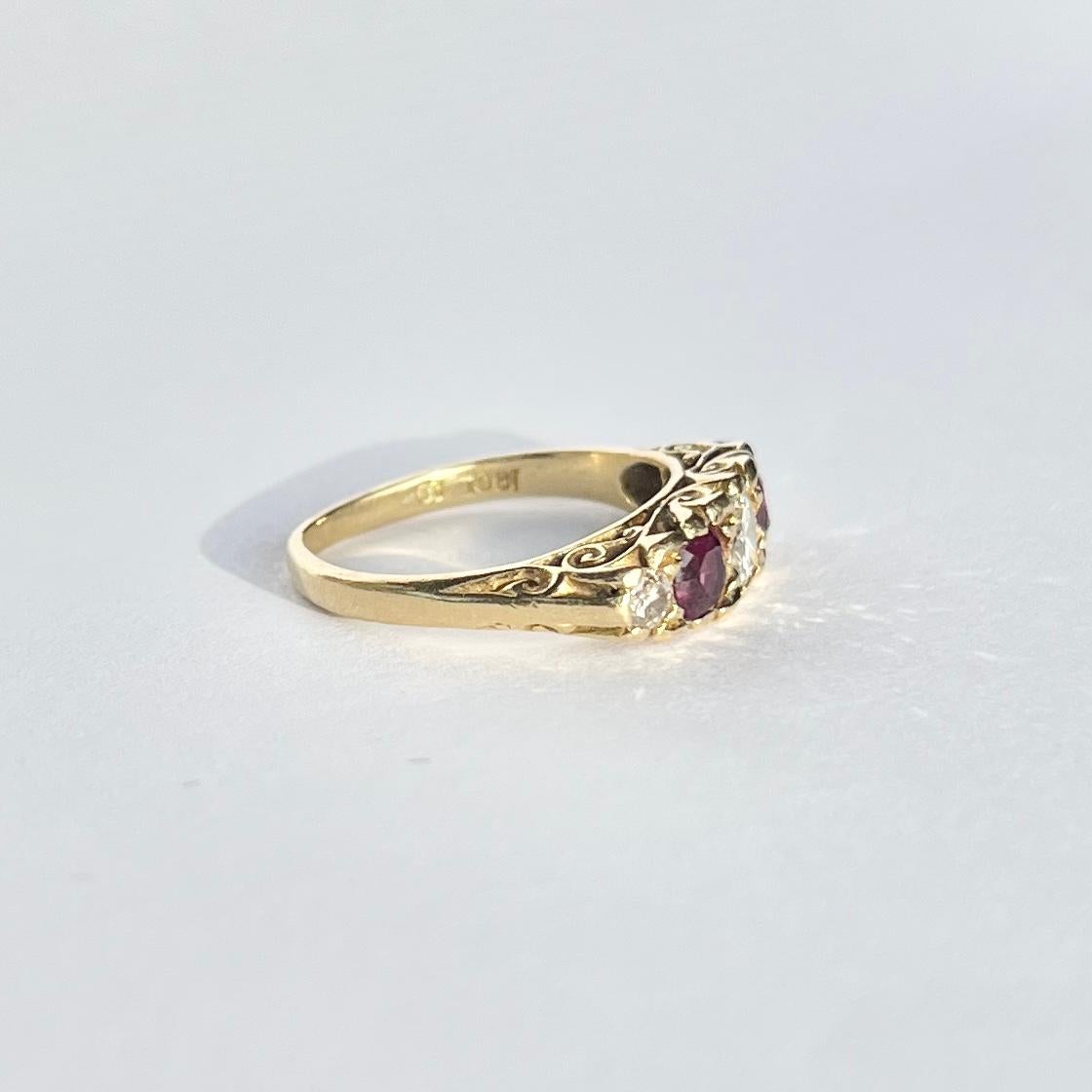 Vintage Ruby and Diamond 18 Carat Gold Five-Stone Ring For Sale 1