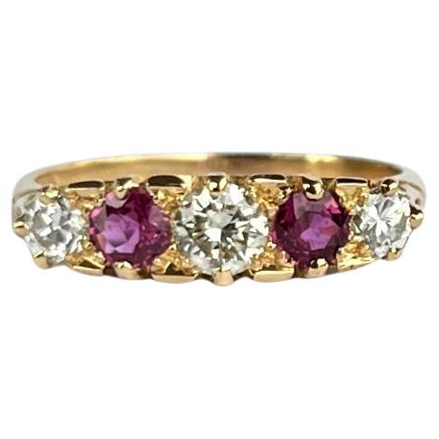Vintage Ruby and Diamond 18 Carat Gold Five-Stone Ring For Sale