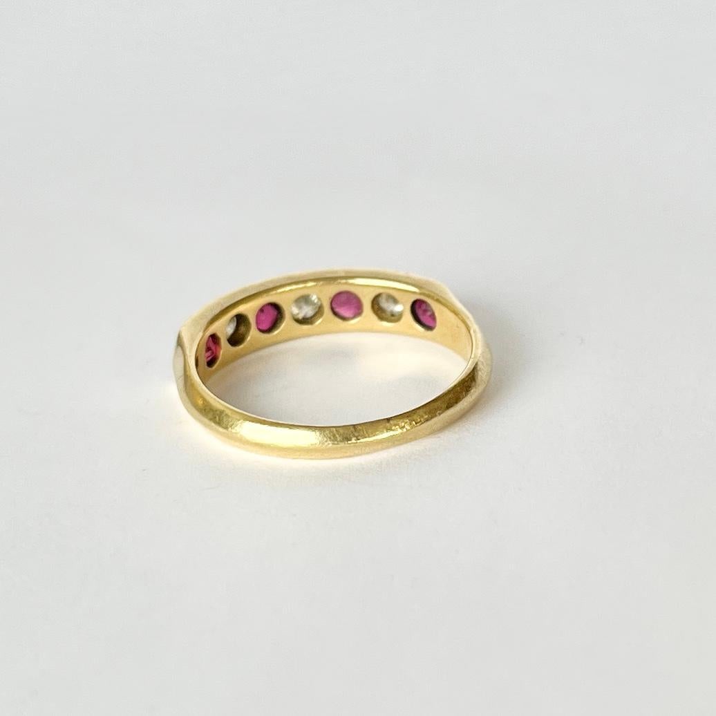 Vintage Ruby and Diamond 18 Carat Gold Half Eternity Band In Good Condition In Chipping Campden, GB