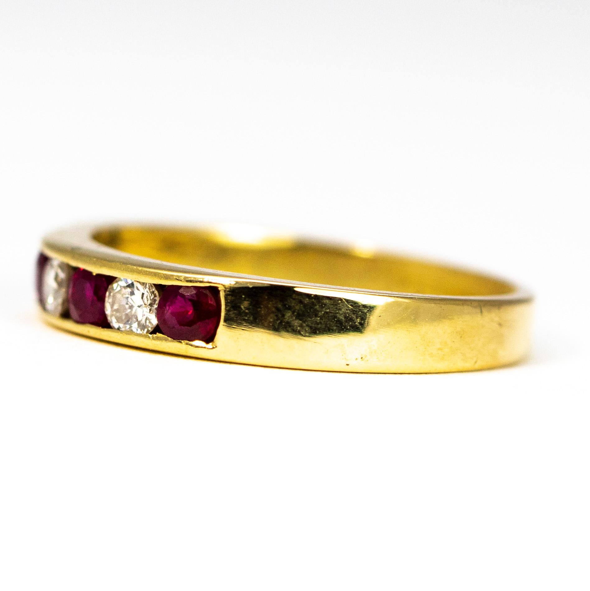 Modern Vintage Ruby and Diamond 18 Carat Gold Half Eternity For Sale