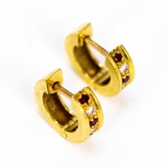 Vintage Ruby and Diamond 18 Carat Gold Hoop Earrings