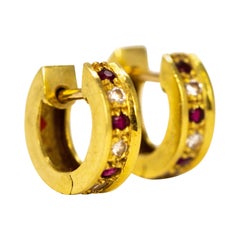 Vintage Ruby and Diamond 18 Carat Gold Hoop Earrings