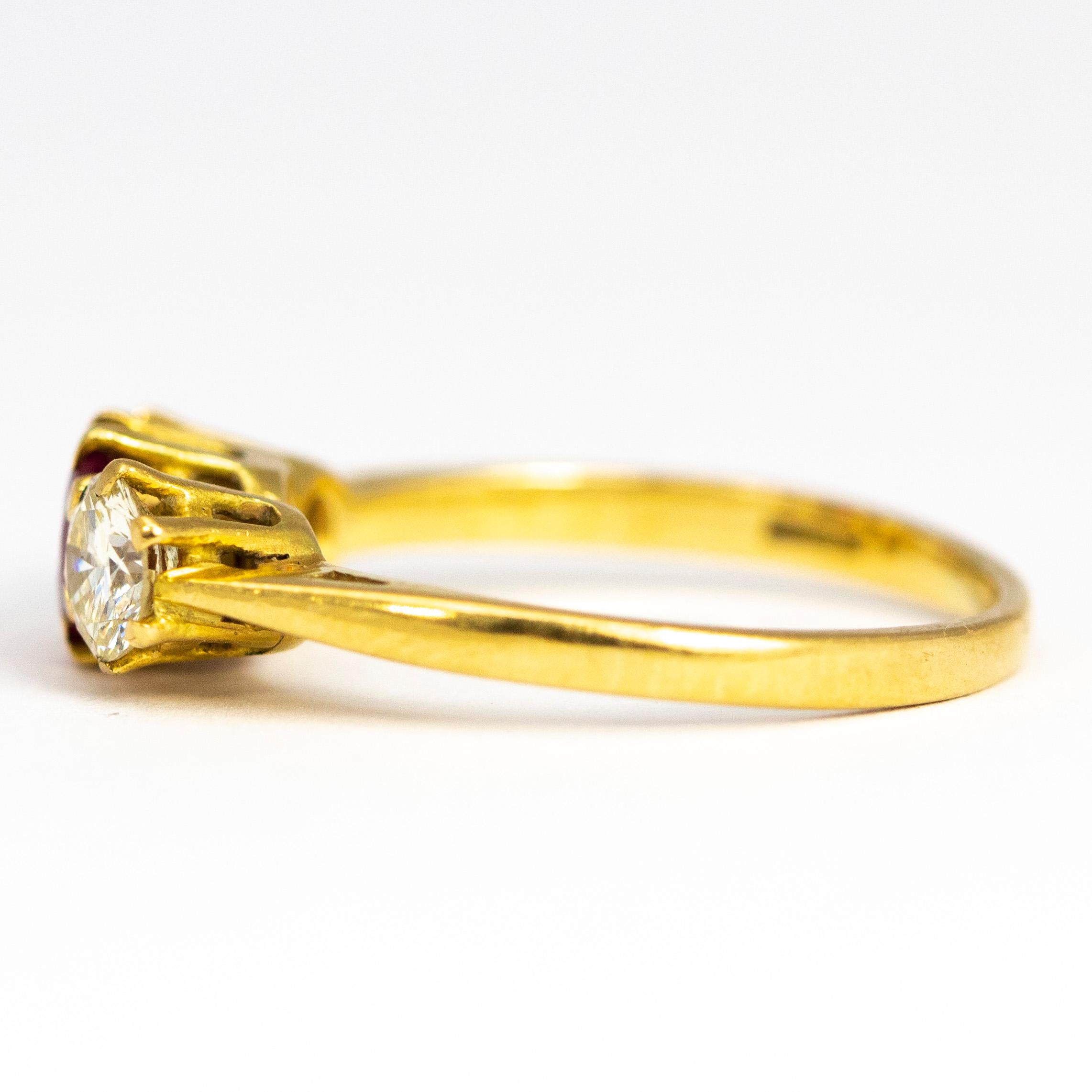 Modern Vintage Ruby and Diamond 18 Carat Gold Three-Stone Ring