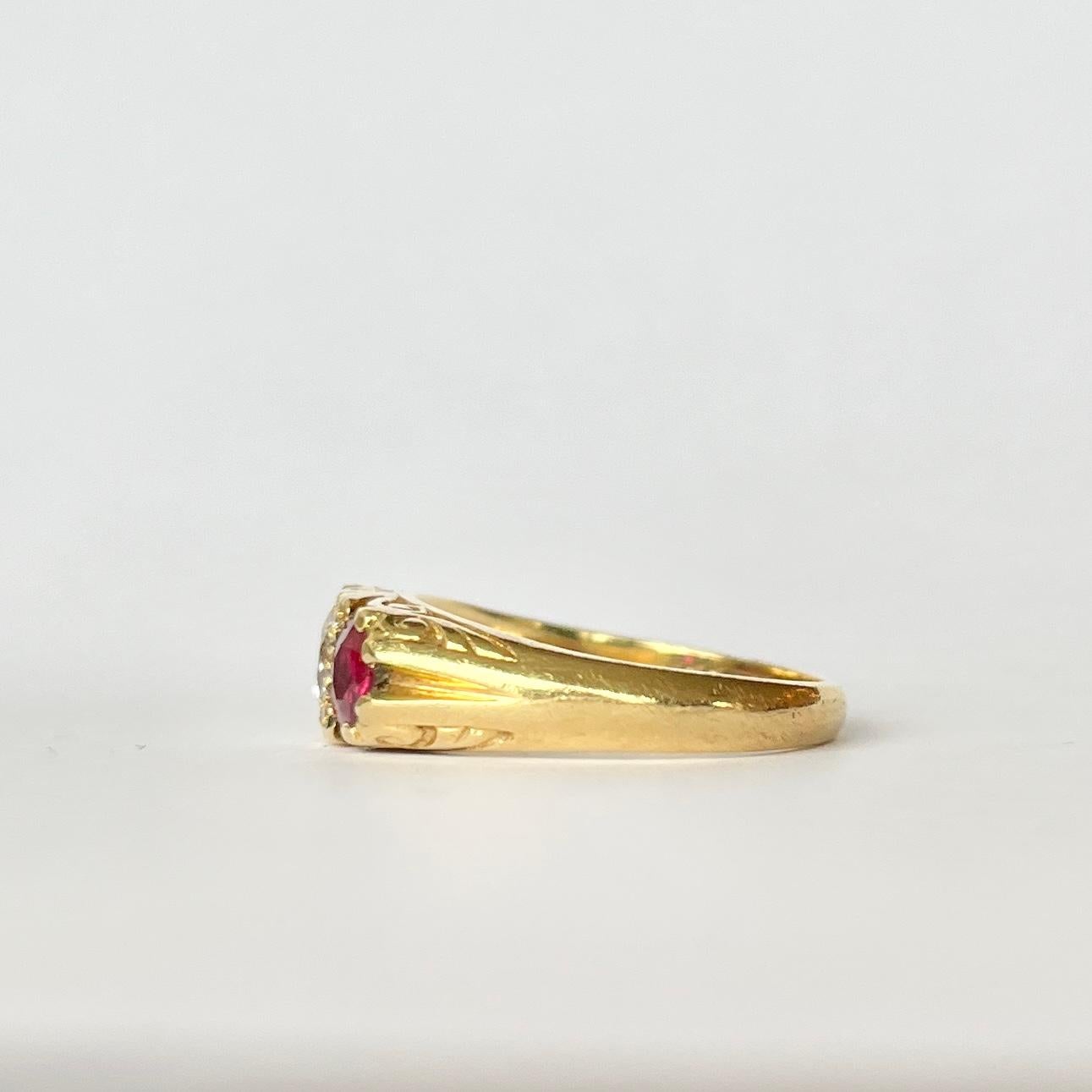 Women's Vintage Ruby and Diamond 18 Carat Gold Three-Stone Ring