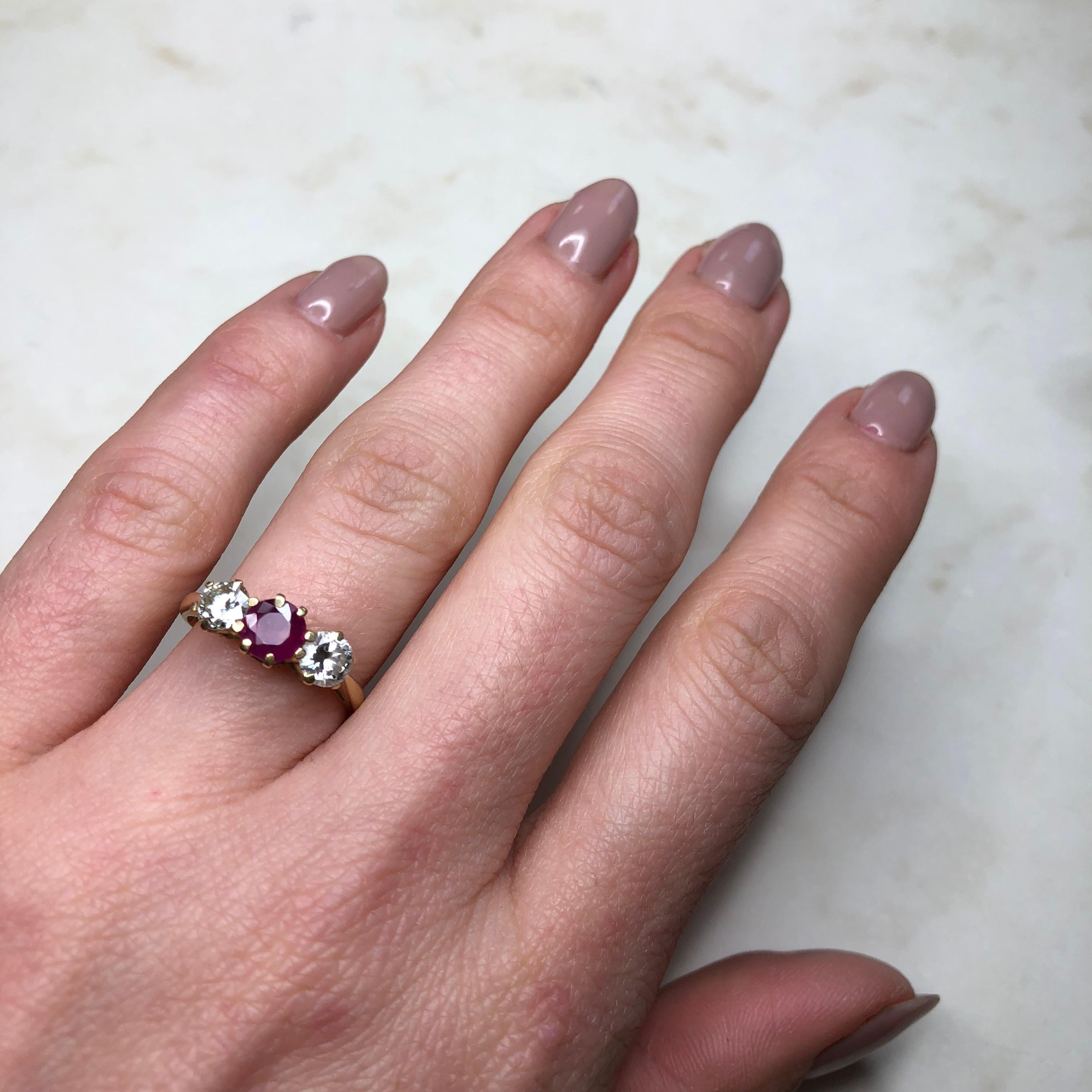 Vintage Ruby and Diamond 18 Carat Gold Three-Stone Ring 1