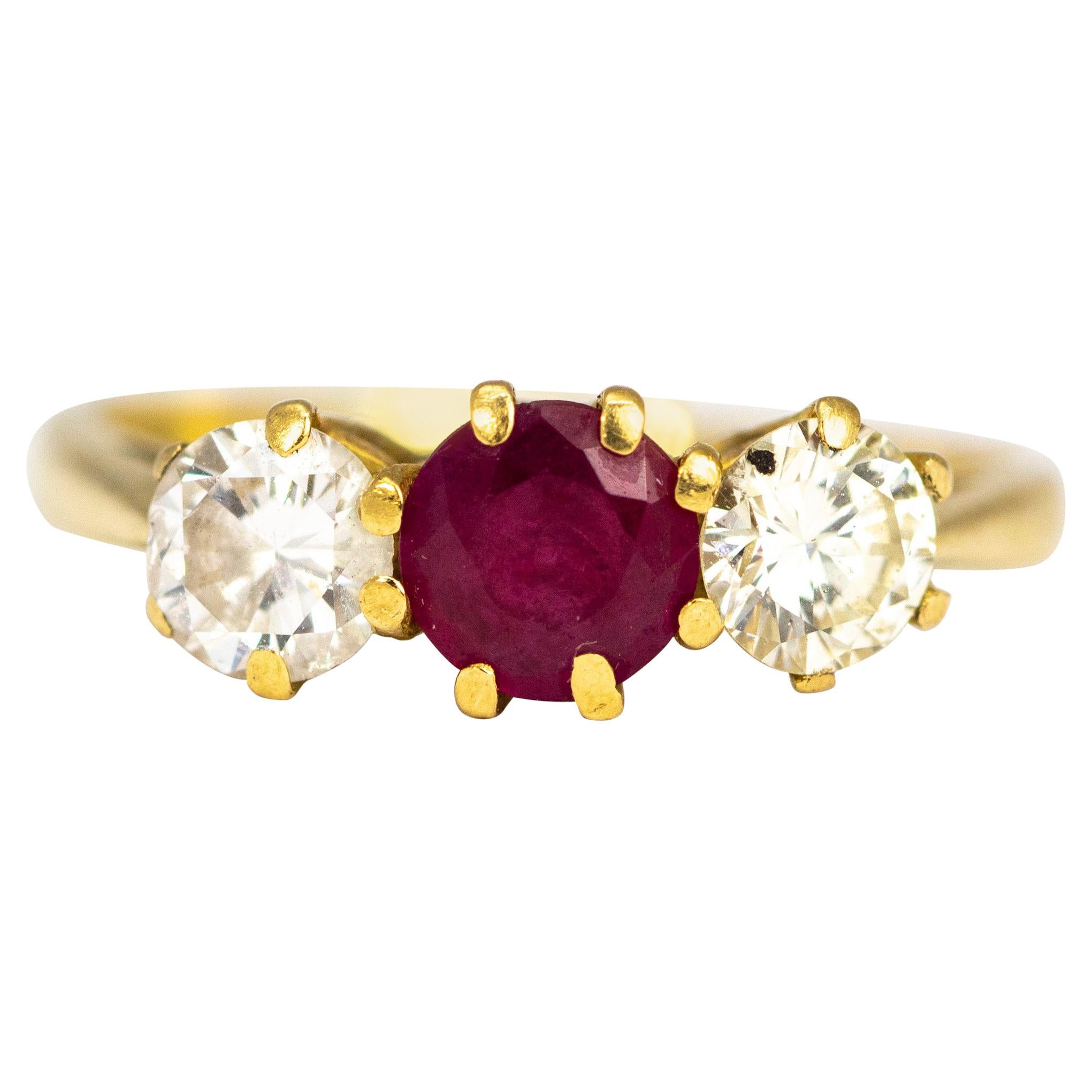 Vintage Ruby and Diamond 18 Carat Gold Three-Stone Ring