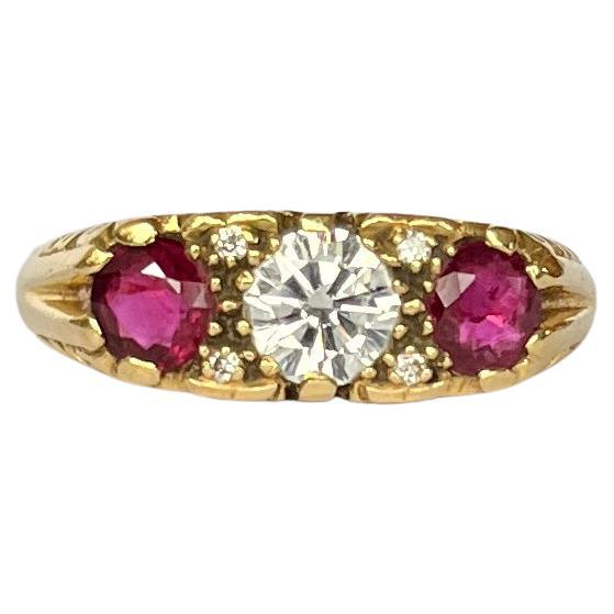 Vintage Ruby and Diamond 18 Carat Gold Three-Stone Ring