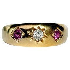 Vintage Ruby and Diamond 18 Carat Gold Three-Stone Star Setting Ring