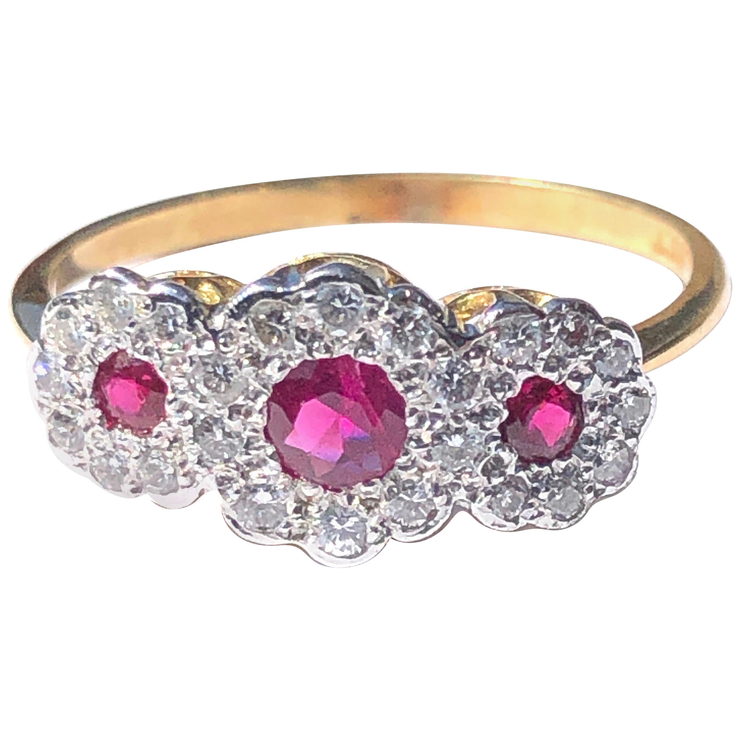 Vintage Ruby and Diamond 18 Carat Gold Triple Cluster Ring For Sale