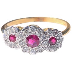 Retro Ruby and Diamond 18 Carat Gold Triple Cluster Ring