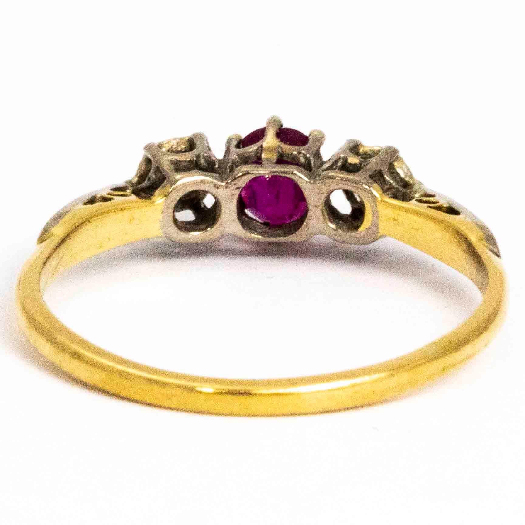Modern Vintage Ruby and Diamond 18 Carat Three-Stone Ring