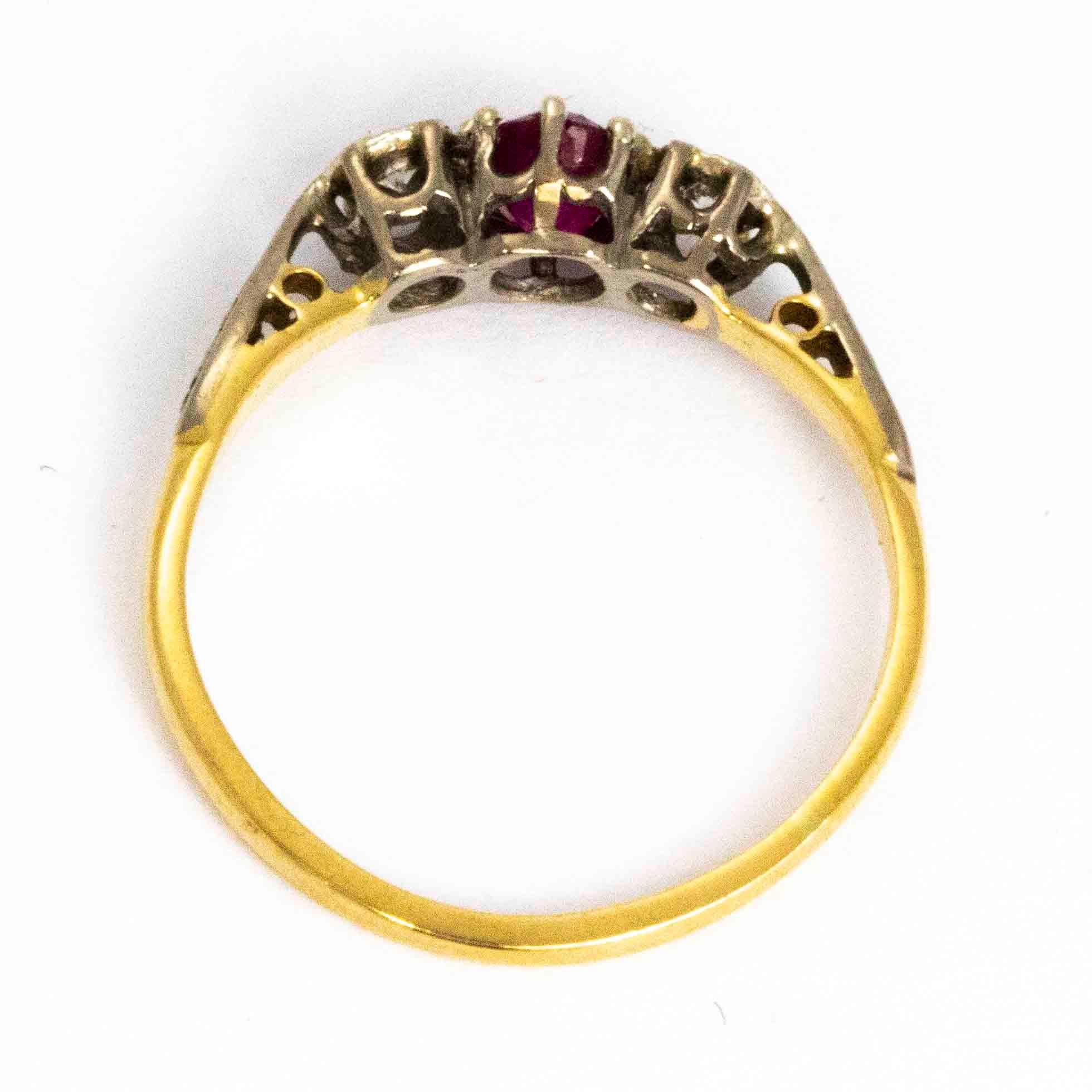 Vintage Ruby and Diamond 18 Carat Three-Stone Ring In Good Condition In Chipping Campden, GB